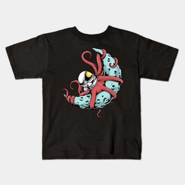 Astronaut Octopus Kraken Squid Space Astronomy Moon Octopus Kids T-Shirt by PomegranatePower